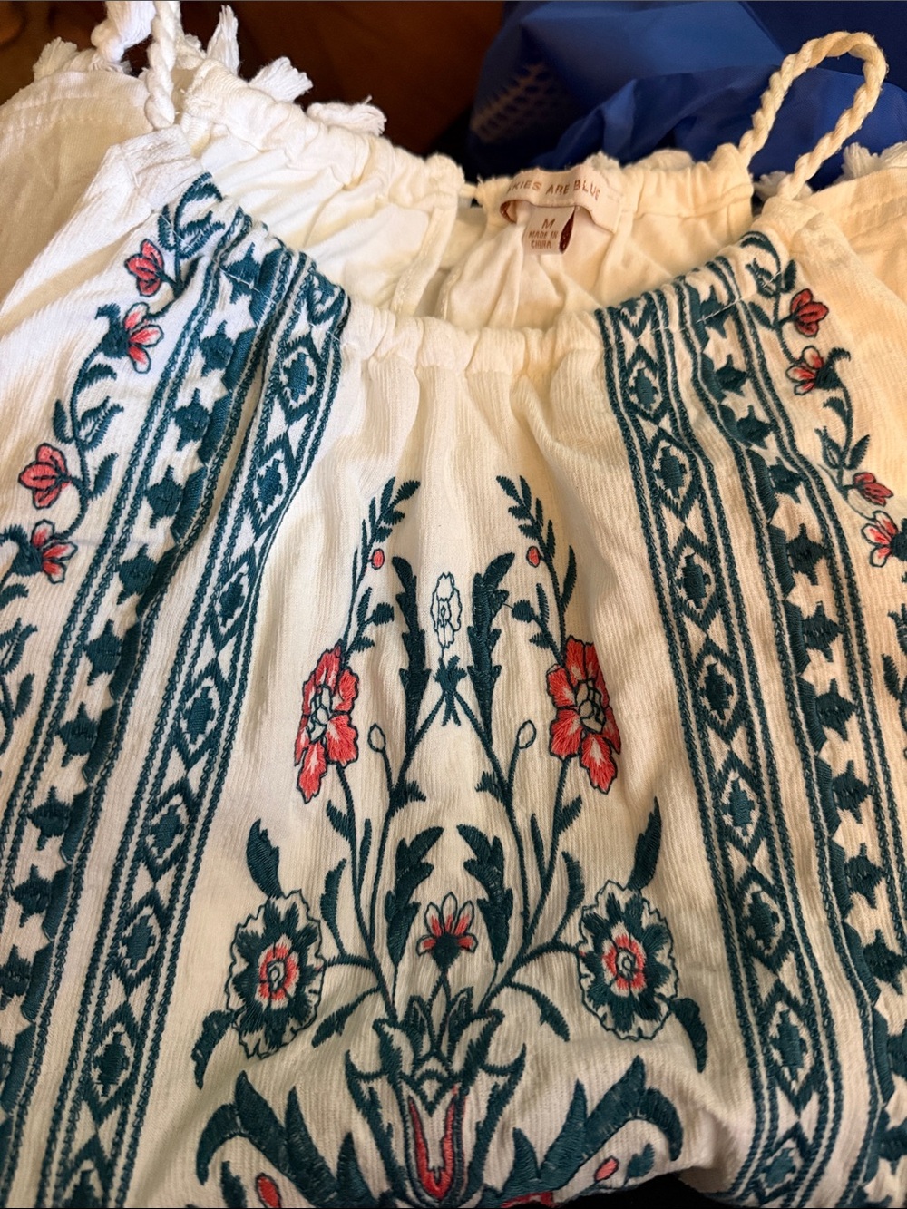Skies Are Blue White Tank Top with Teal and Coral Floral Embroidery (M)